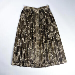 Vintage Black and Metallic Gold Pleated Floral Midi Skirt